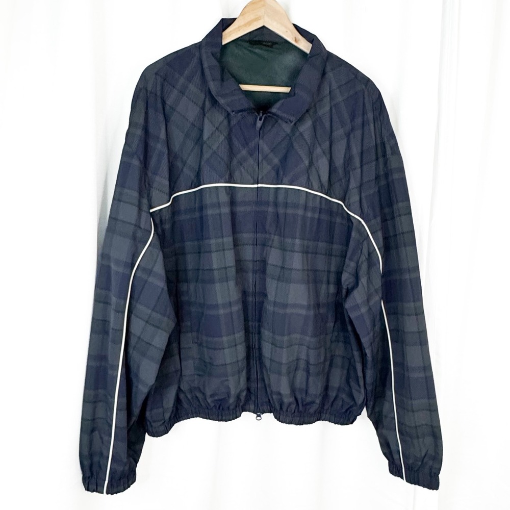 Zara Man XL Plaid Windbreaker Jacket Navy Full Zip Mesh Lined Piping EUC
